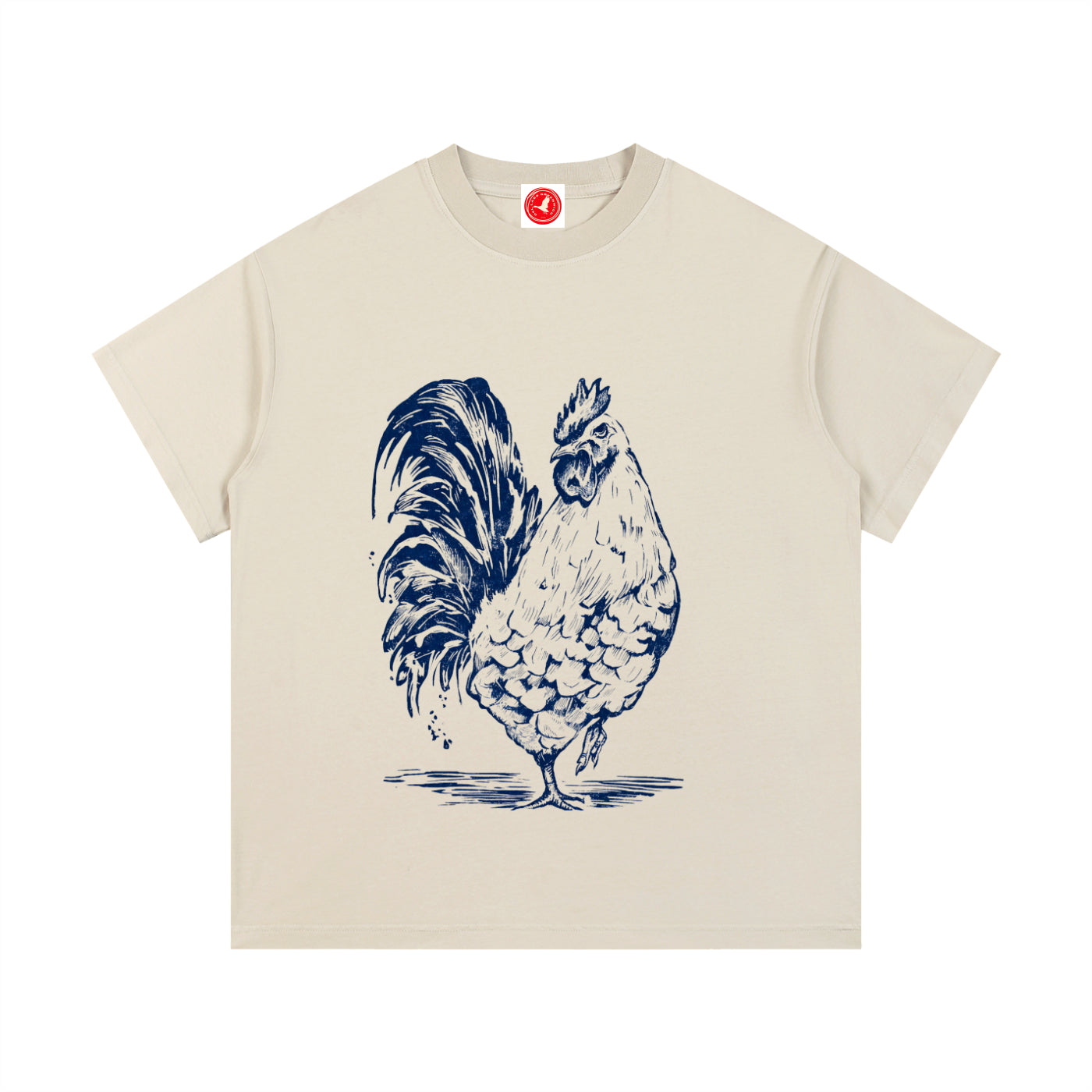 Beige Rustic Rooster graphic t-shirt featuring rooster artwork inspired by rural landscapes and vintage farm illustrations