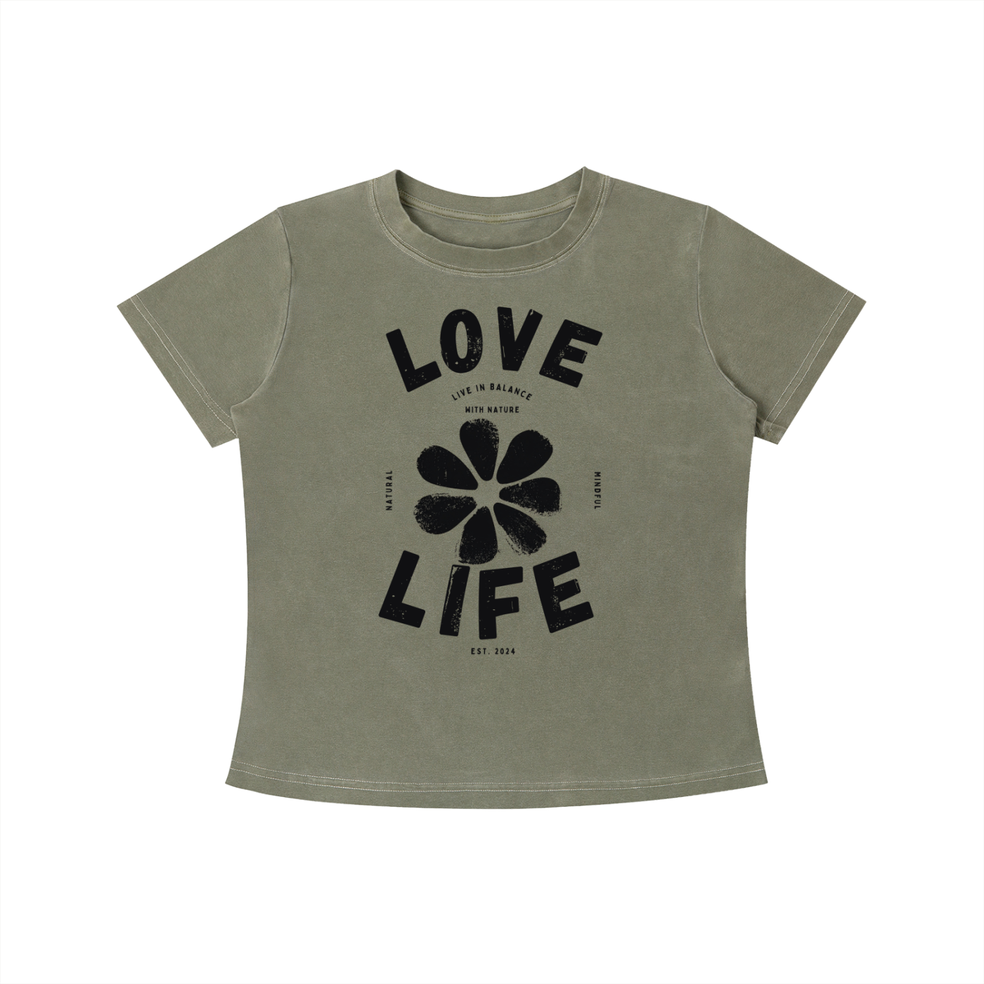 Green Love Life women's graphic t-shirt featuring uplifting artwork inspired by positivity, creativity, and everyday happiness.
