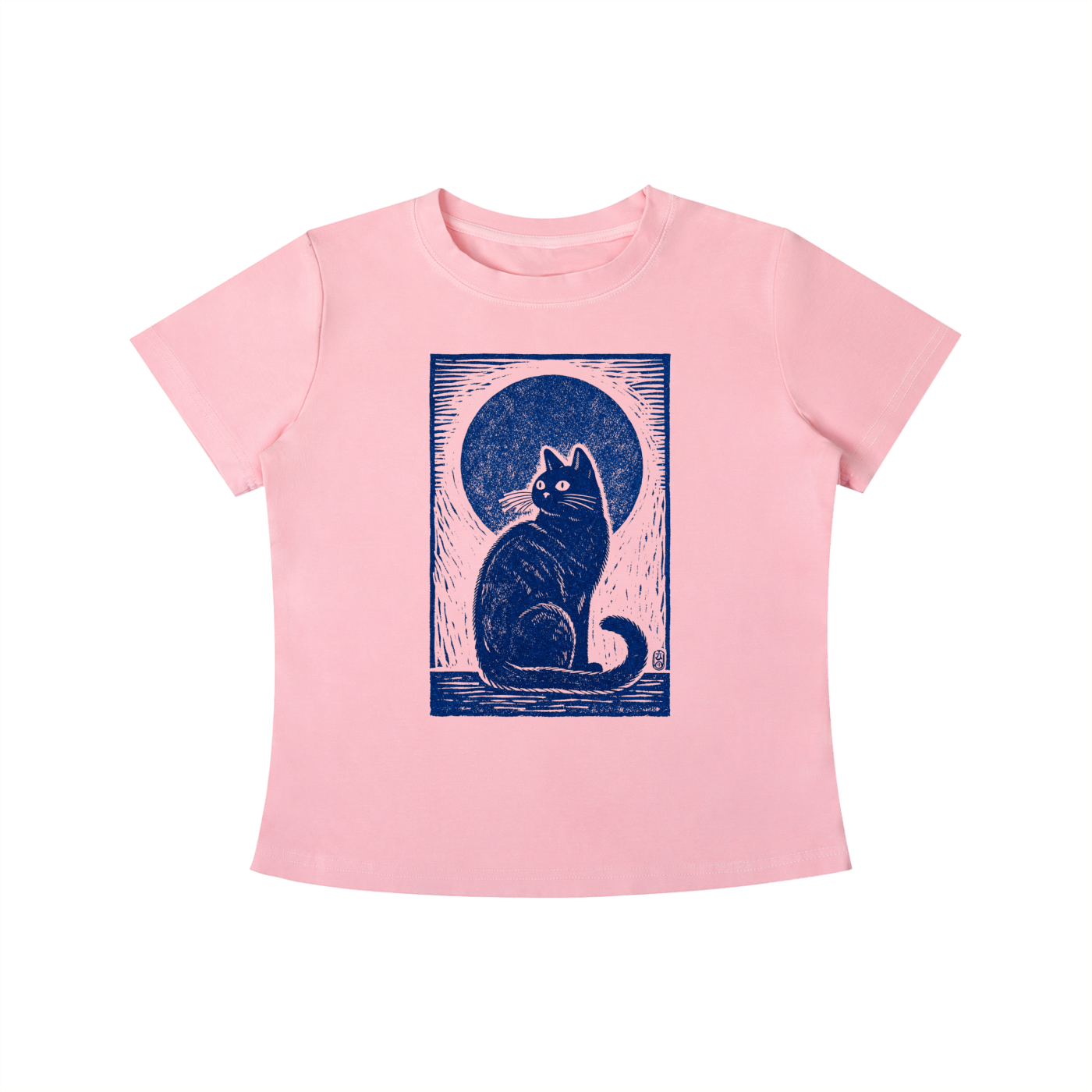 Pink Midnight Cat Indigo graphic t-shirt featuring artistic cat artwork inspired by moonlit evenings and feline charm.