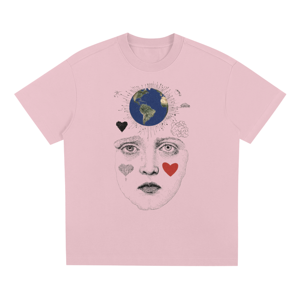 Pink Nature-inspired graphic t-shirt featuring artistic earth-themed design celebrating connection, kindness, and the outdoors.