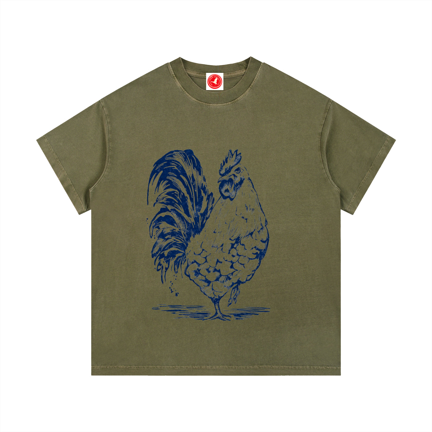 Green Rustic Rooster graphic t-shirt featuring rooster artwork inspired by rural landscapes and vintage farm illustrations