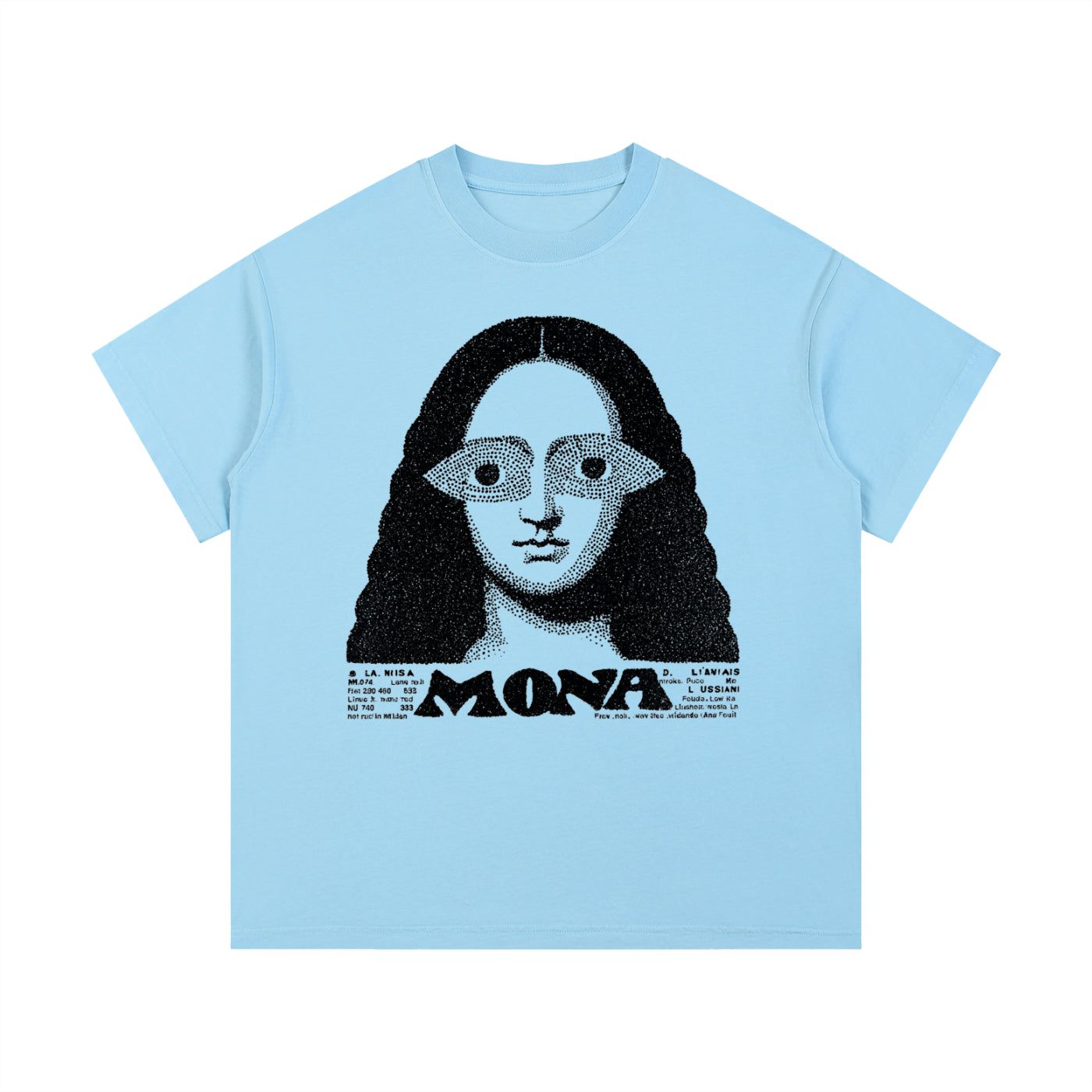 Light blue Mona graphic t-shirt featuring artistic portrait-inspired artwork with a modern vintage aesthetic.
