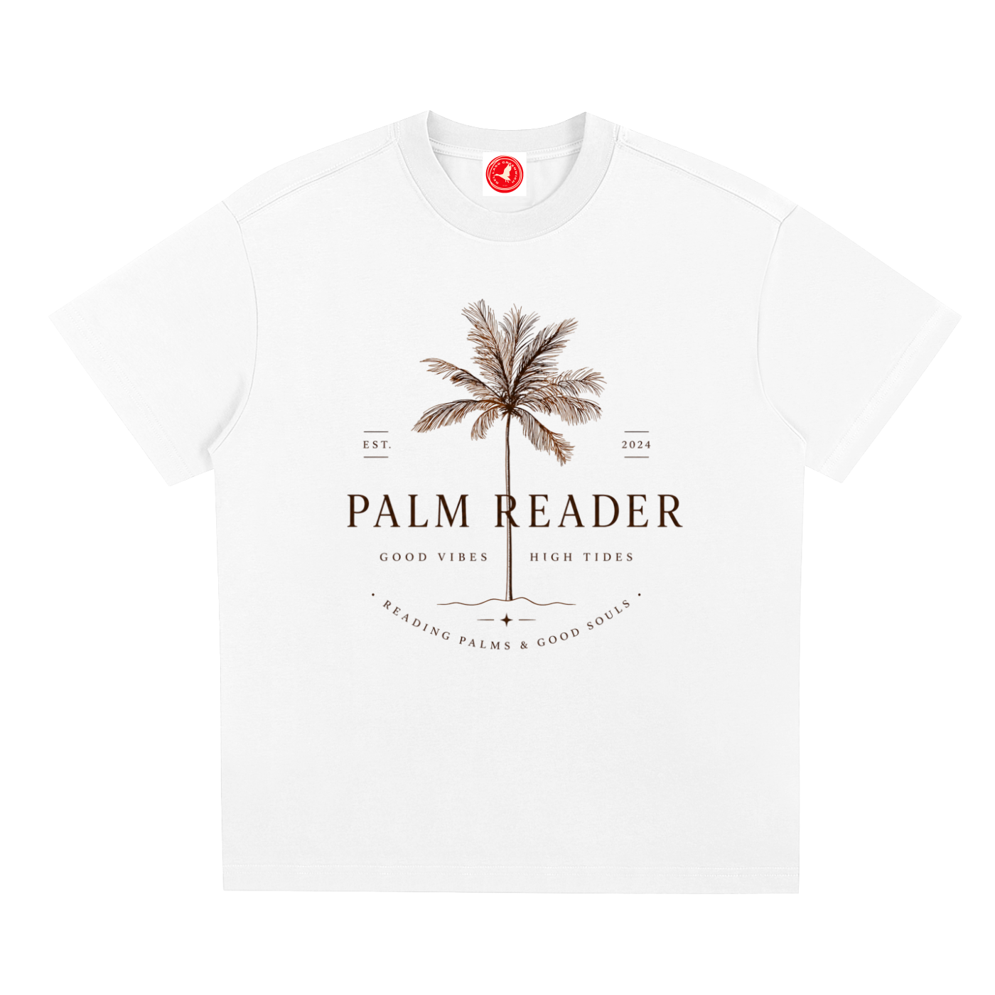 White Coastal graphic t-shirt featuring palm-themed artwork inspired by beach life, sunshine, and tropical escapes.
