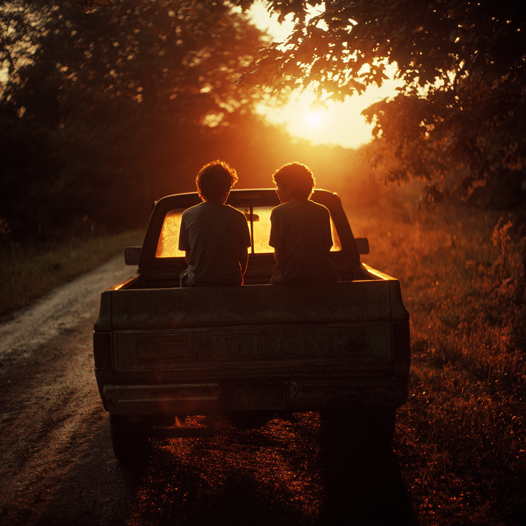 Two people sitting in the back of a pickup truck during sunset in a forest.