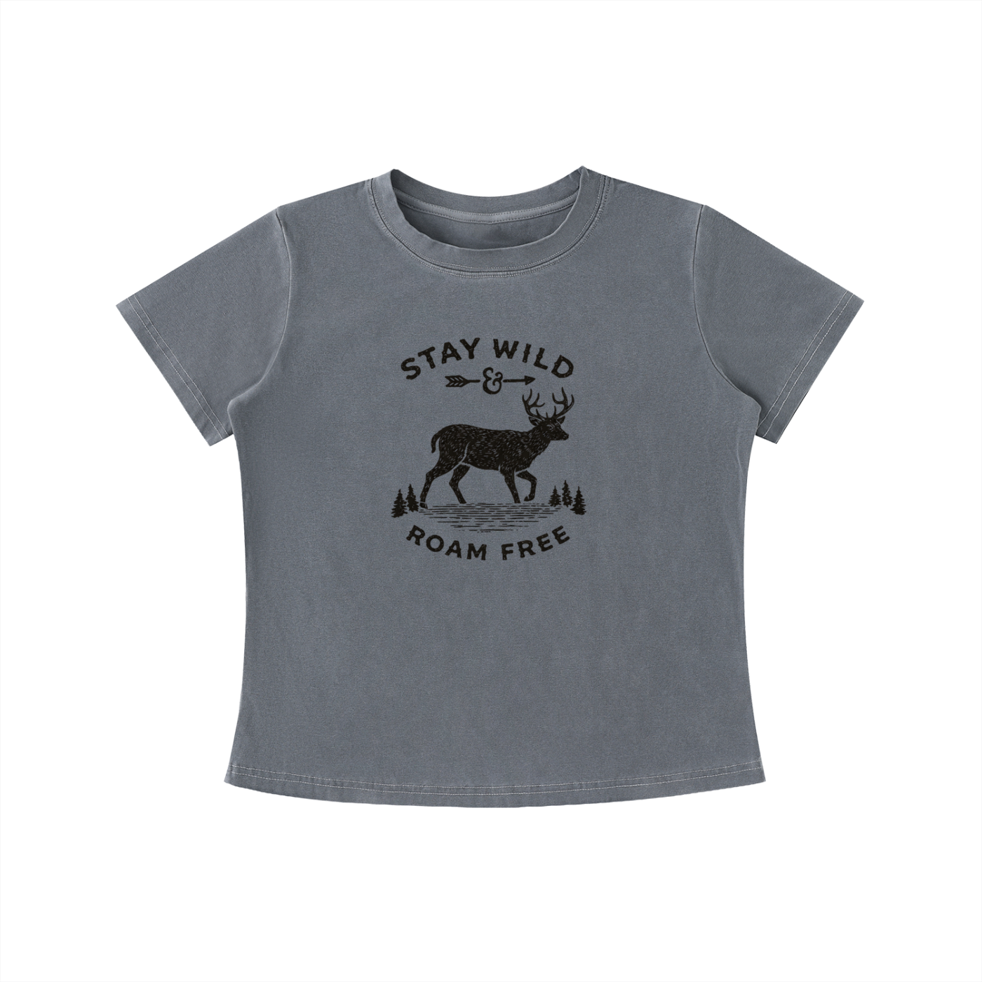 Gray Stay Wild Roam Free graphic t-shirt featuring adventure-inspired artwork celebrating freedom, exploration, and outdoor living.
