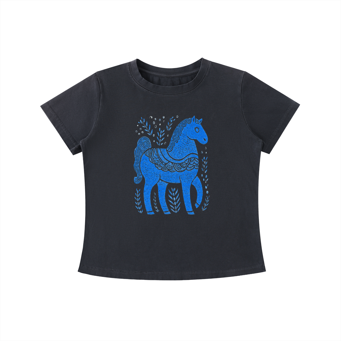 Black Blue Folk Horse graphic t-shirt featuring folk art-inspired horse artwork celebrating creativity, tradition, and nature.