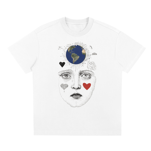 White Nature-inspired graphic t-shirt featuring artistic earth-themed design celebrating connection, kindness, and the outdoors.