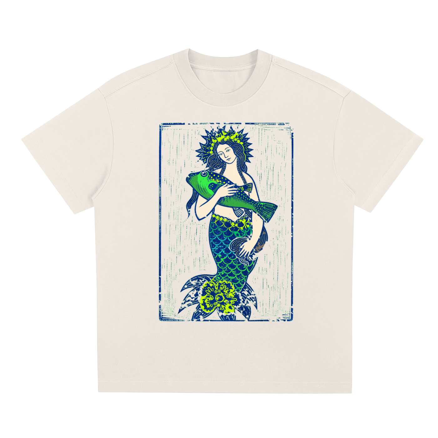 Beige Emerald Tide graphic t-shirt featuring ocean-inspired artwork influenced by coastal landscapes and natural beauty.