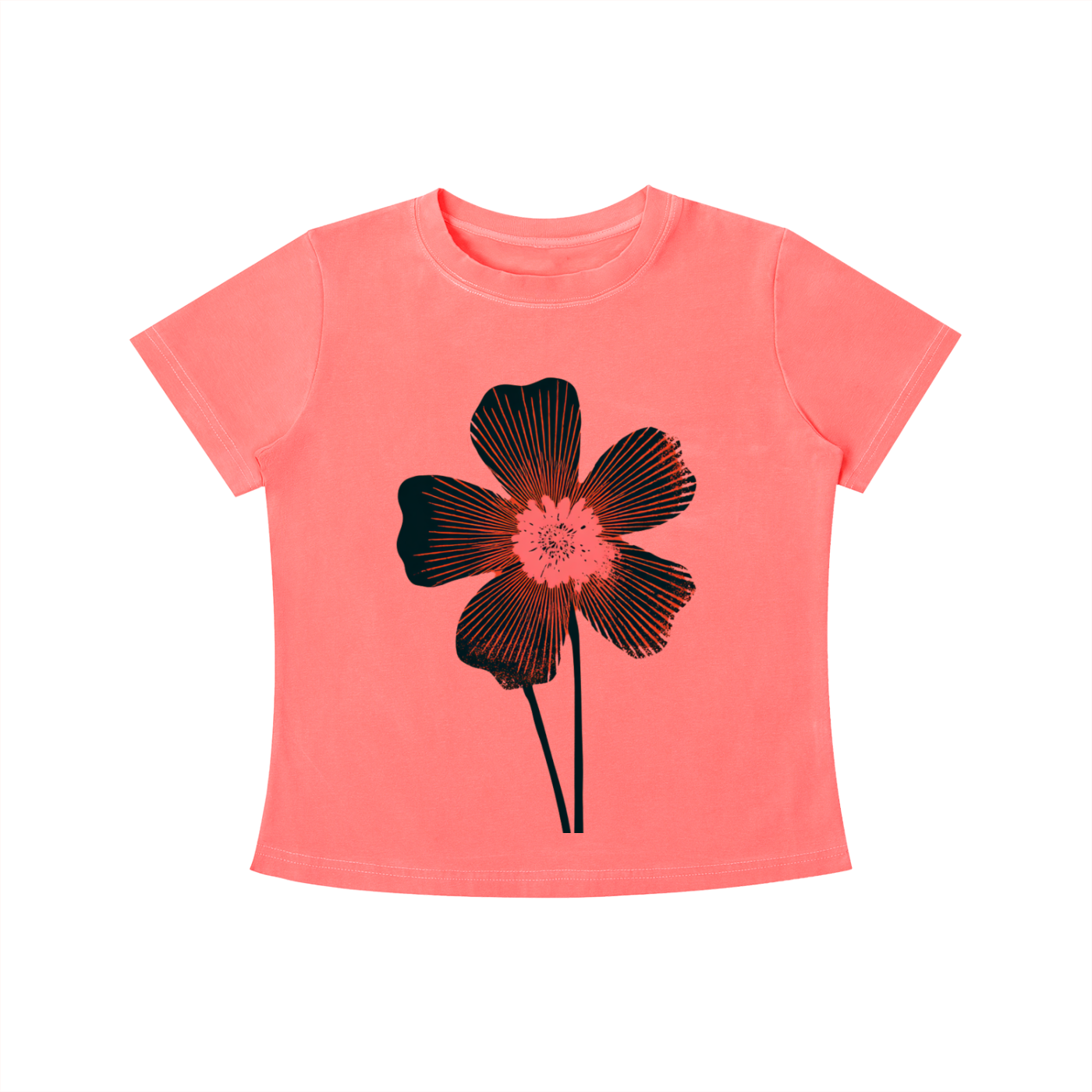 Coral Midnight Bloom graphic t-shirt featuring floral artwork inspired by wildflowers, moonlit gardens, and natural beauty.