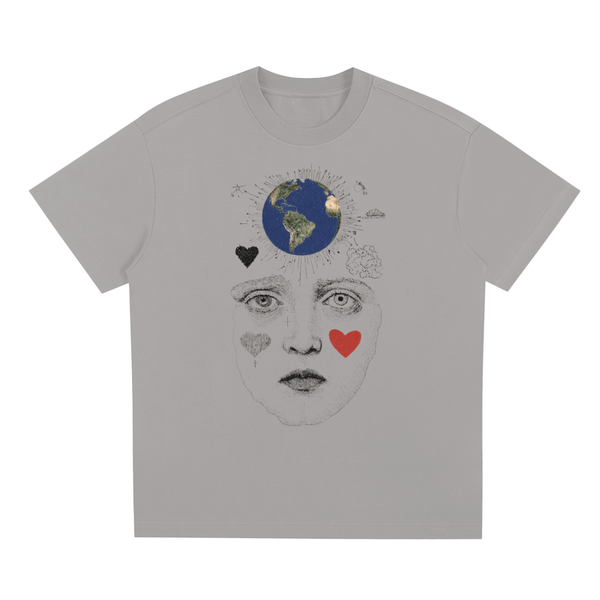 Gray Nature-inspired graphic t-shirt featuring artistic earth-themed design celebrating connection, kindness, and the outdoors.