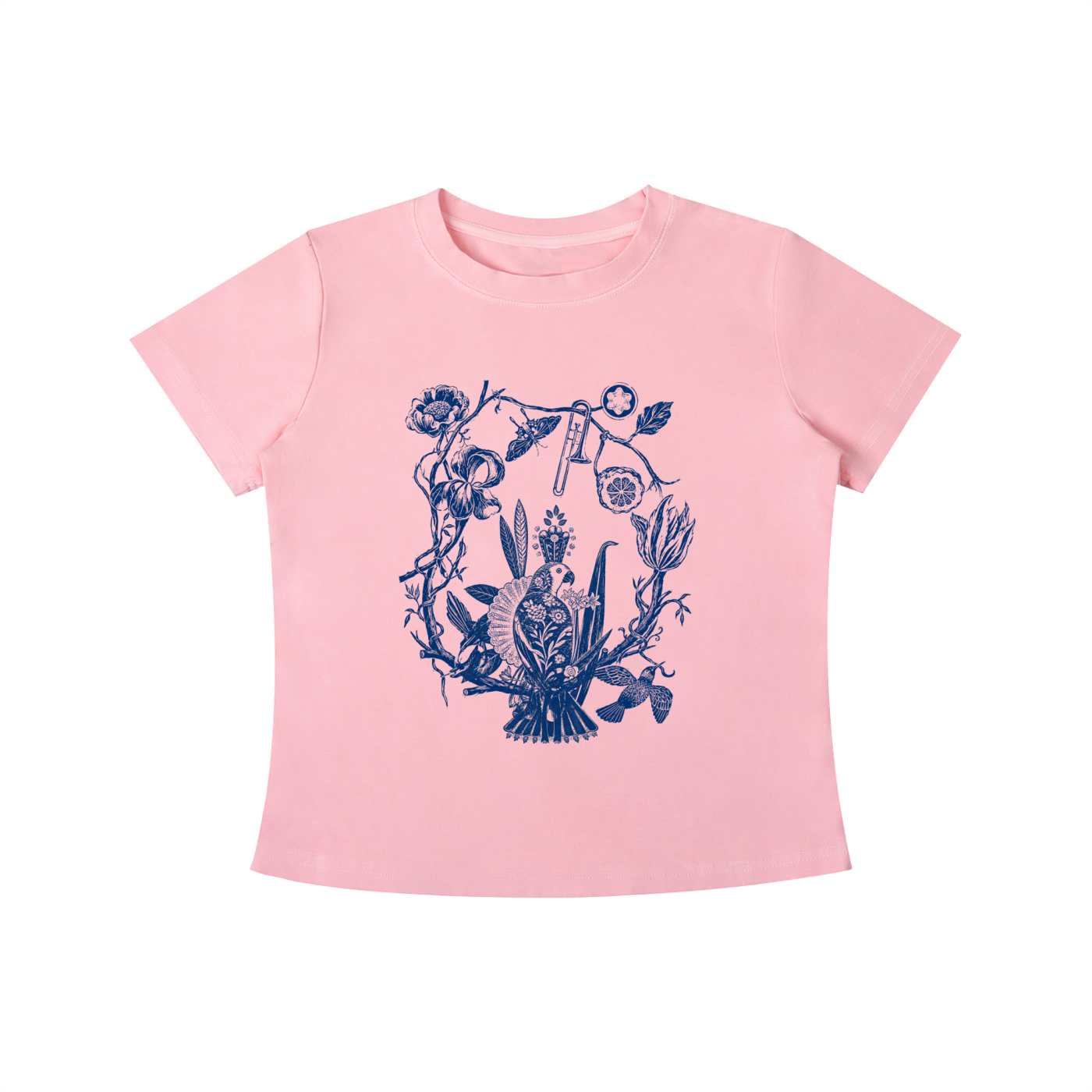 Pink t-shirt with blue floral design on a white background