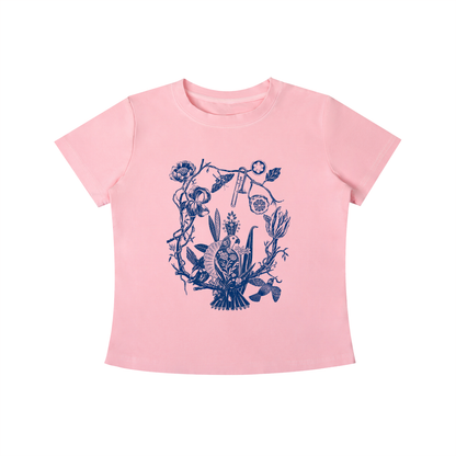 Pink t-shirt with blue floral design on a white background