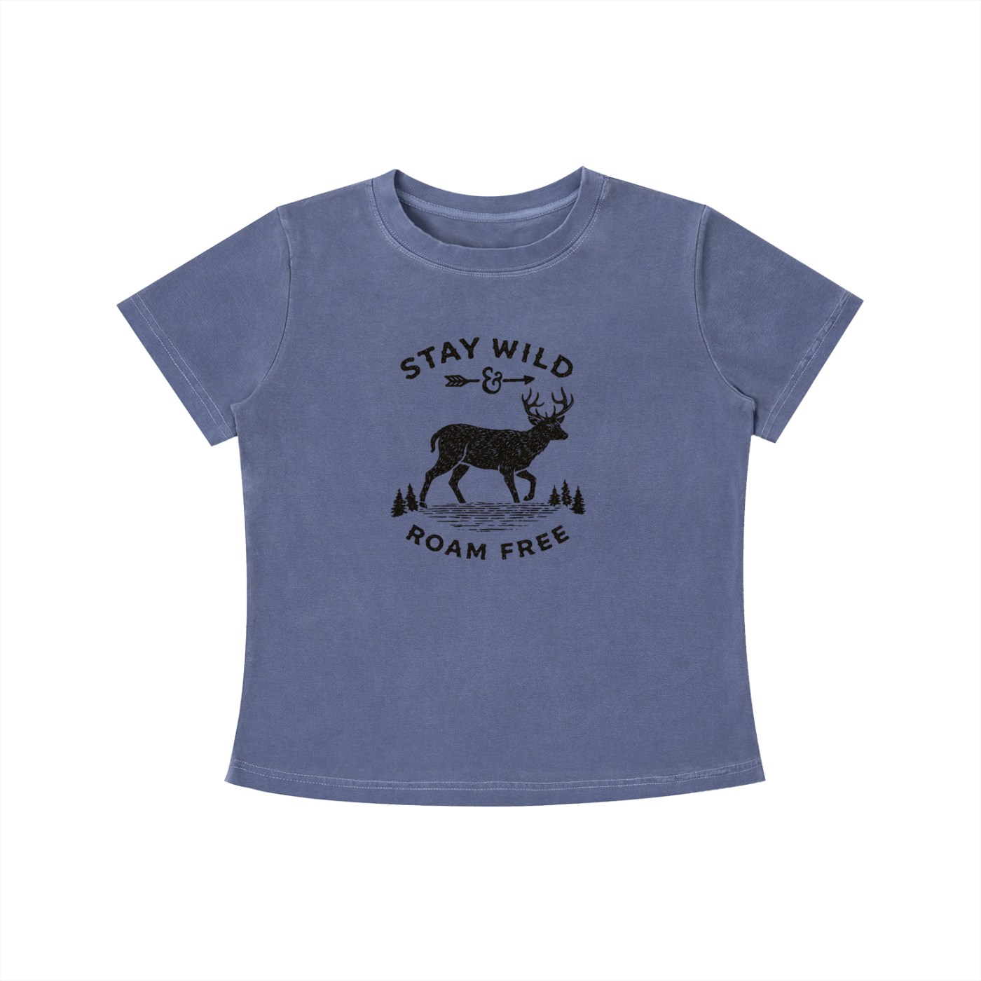 Blue Stay Wild Roam Free graphic t-shirt featuring adventure-inspired artwork celebrating freedom, exploration, and outdoor living.