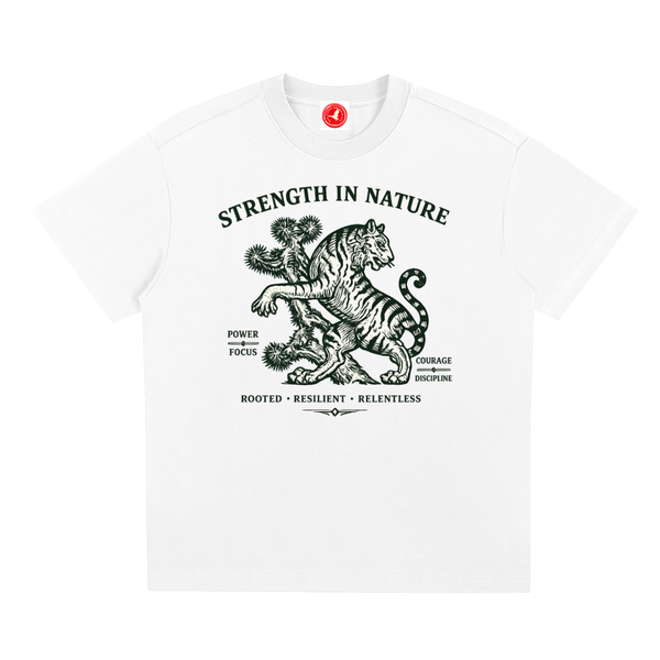 White Nature-inspired graphic t-shirt featuring outdoor artwork celebrating resilience, growth, and natural beauty.