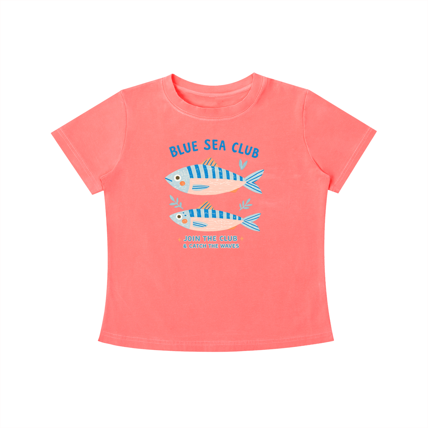 Coral Blue Sea Club graphic t-shirt featuring coastal-inspired artwork celebrating ocean adventures and seaside living.