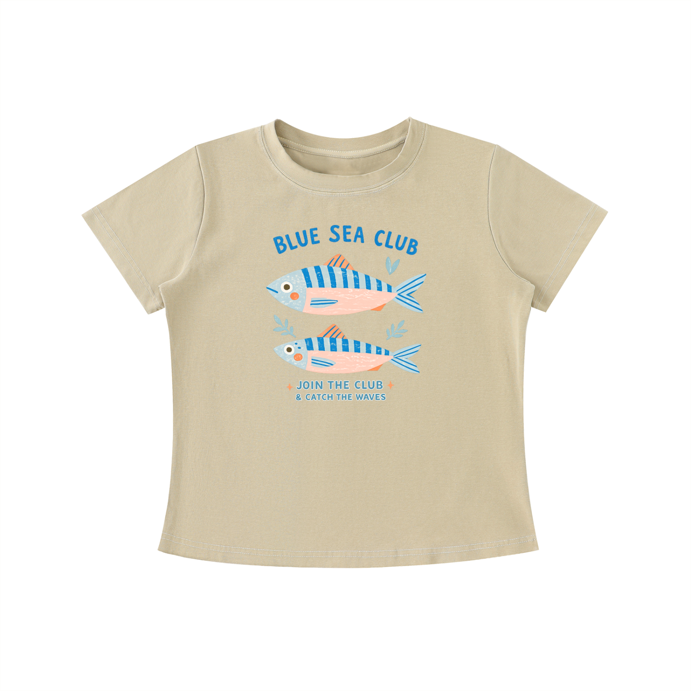 Beige t-shirt with 'Blue Sea Club' graphic design featuring fish on a white background