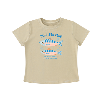 Beige t-shirt with 'Blue Sea Club' graphic design featuring fish on a white background