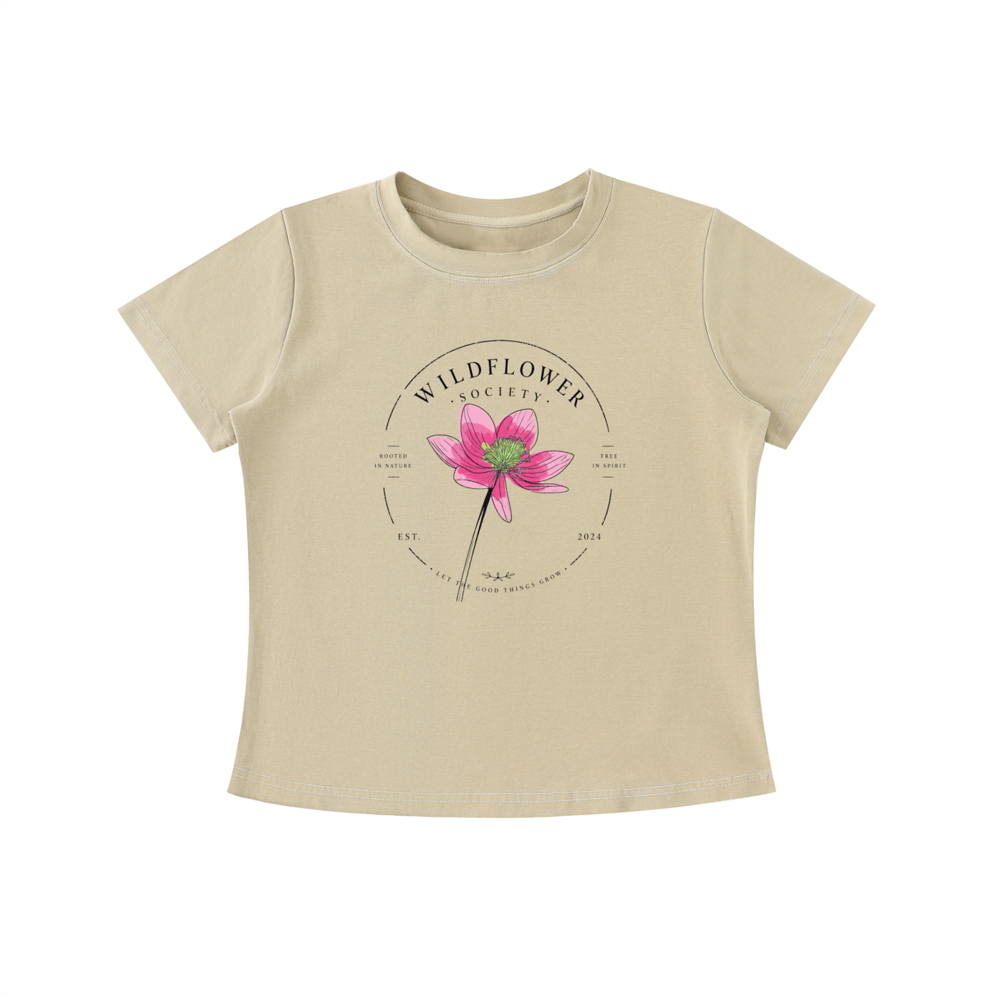 Beige Wildflower Society graphic t-shirt featuring botanical artwork inspired by wildflowers, nature, and free-spirited living.