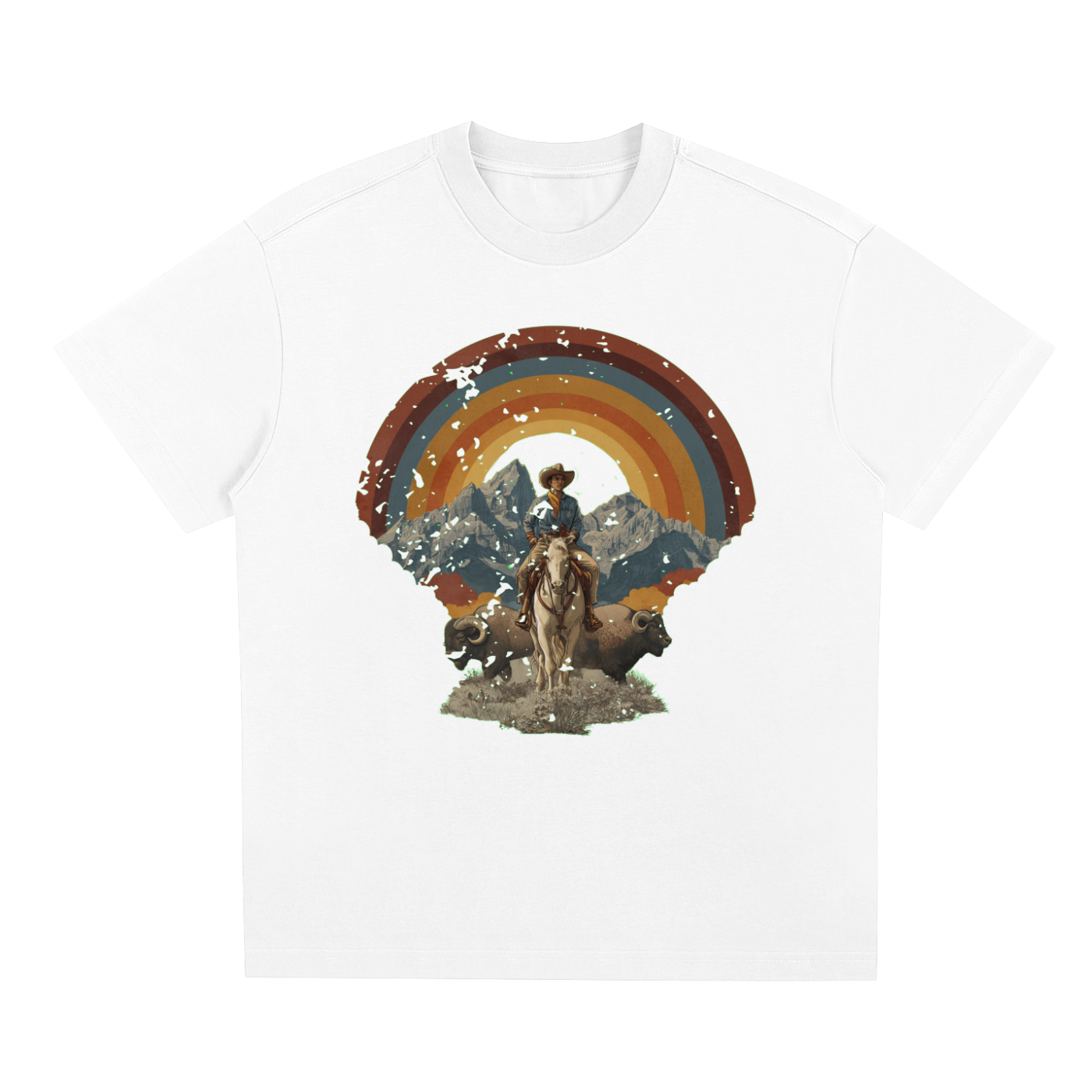 White  Wild West Sunset Rider graphic t-shirt featuring western sunset artwork inspired by horseback adventure and frontier landscapes.