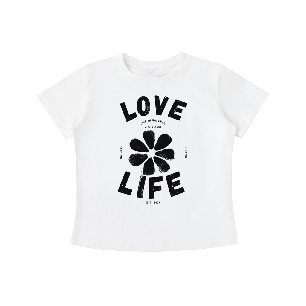 White Love Life women's graphic t-shirt featuring uplifting artwork inspired by positivity, creativity, and everyday happiness.