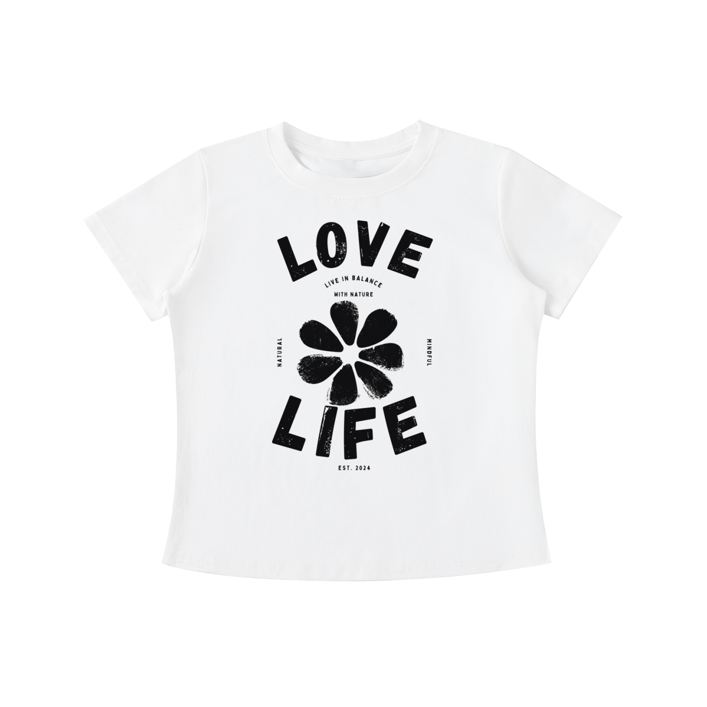 White Love Life women's graphic t-shirt featuring uplifting artwork inspired by positivity, creativity, and everyday happiness.