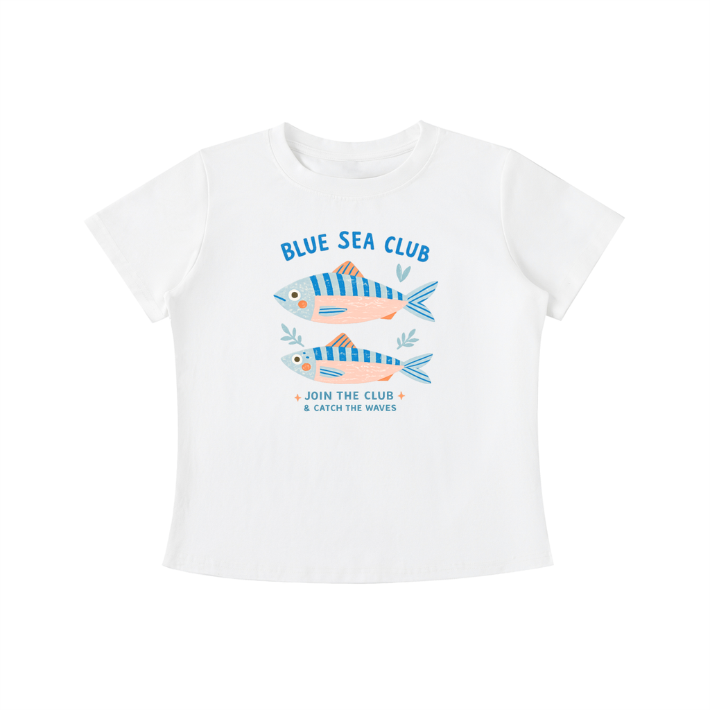 White Blue Sea Club graphic t-shirt featuring coastal-inspired artwork celebrating ocean adventures and seaside living.