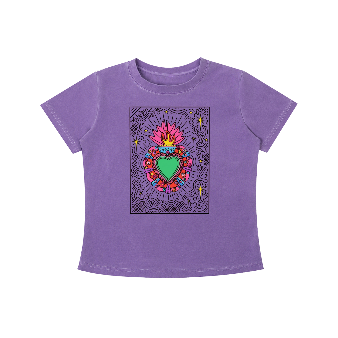 Purple Sacred Heart graphic t-shirt featuring folk art-inspired heart artwork celebrating tradition, creativity, and cultural expression.