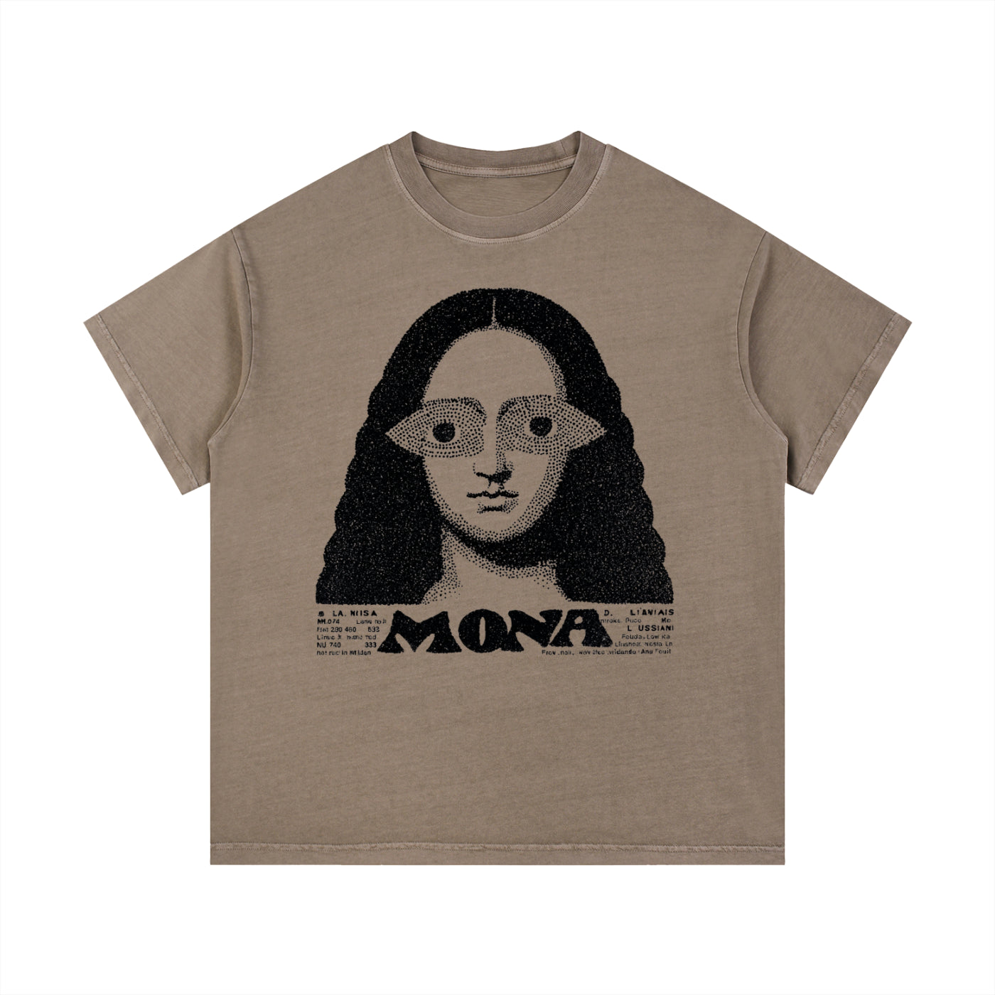 Beige Mona graphic t-shirt featuring artistic portrait-inspired artwork with a modern vintage aesthetic.