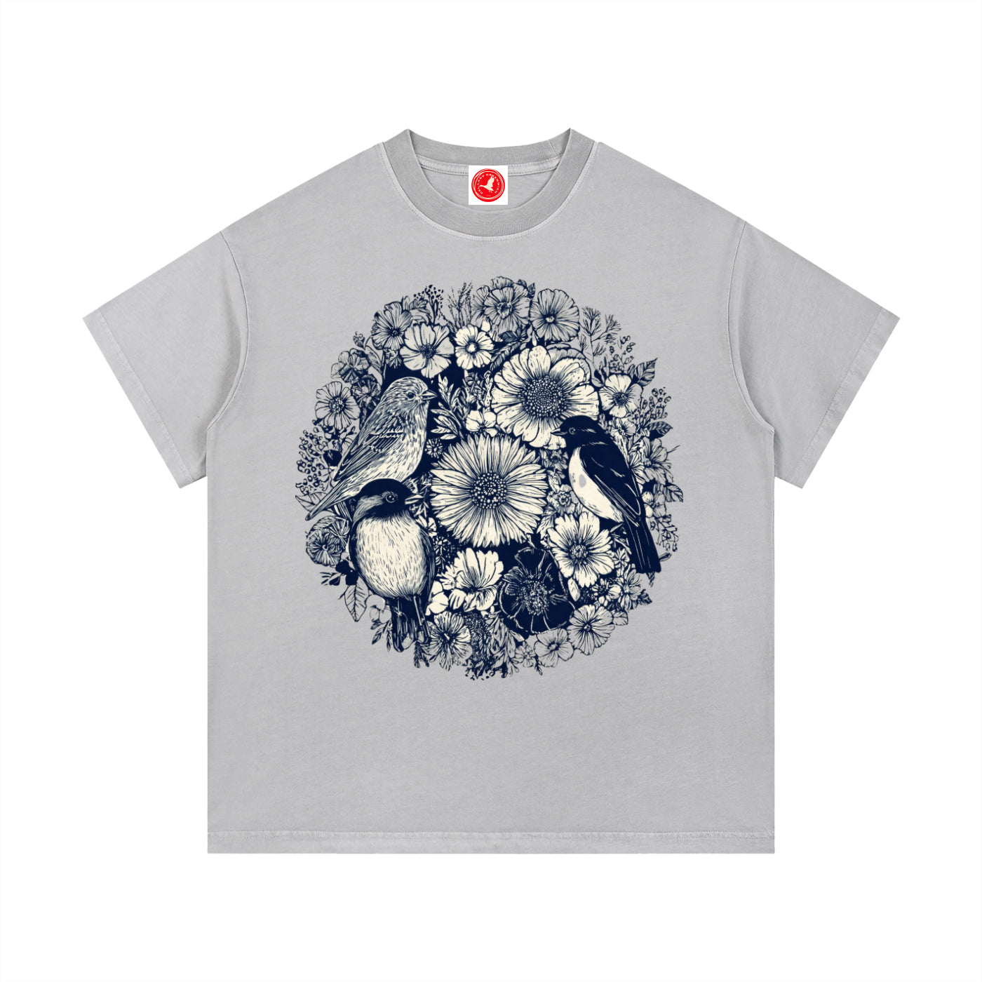 Gray Floral Birds Circle graphic t-shirt featuring botanical bird artwork arranged in a decorative floral design.