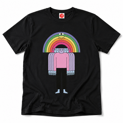 Black Friends Tee by Del Lago Greenwich featuring a colorful rainbow character graphic on a premium cotton t-shirt. Front product view displayed on a clean white background.