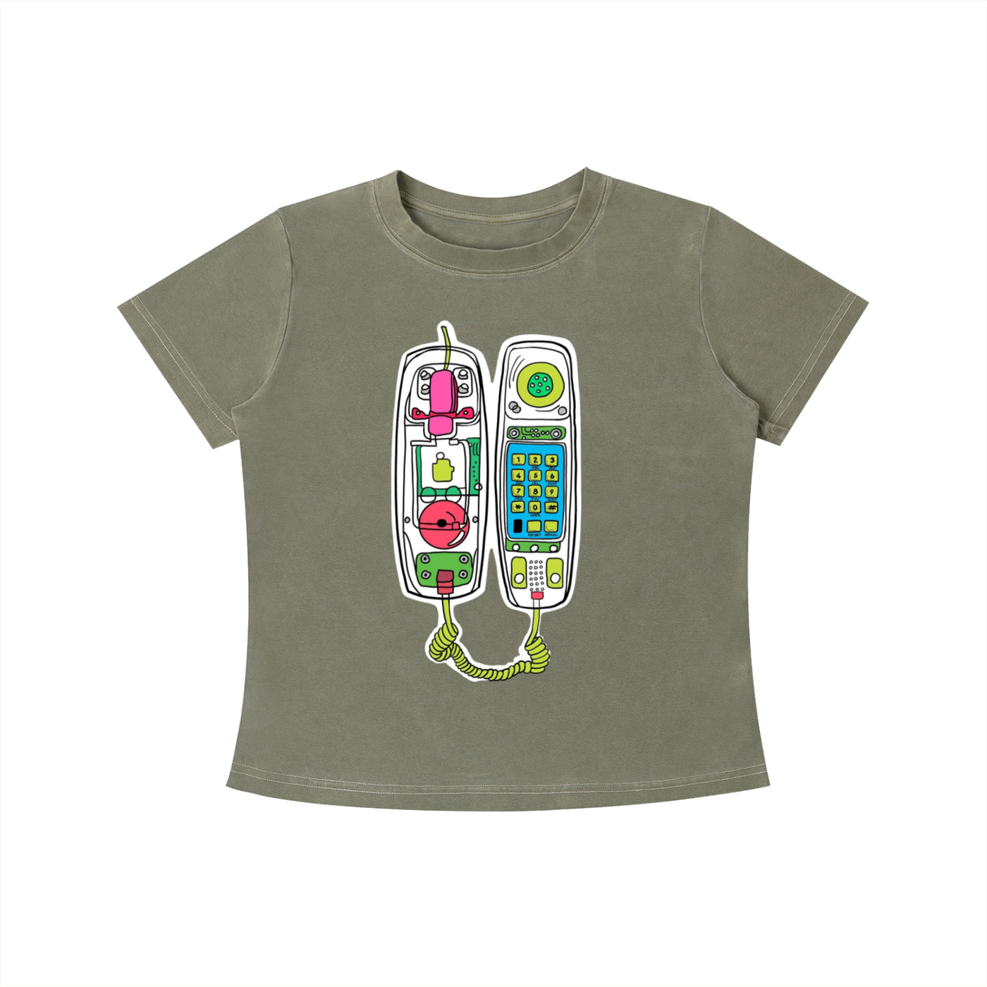 Green Retro Call graphic t-shirt featuring vintage telephone artwork inspired by nostalgia and retro design.