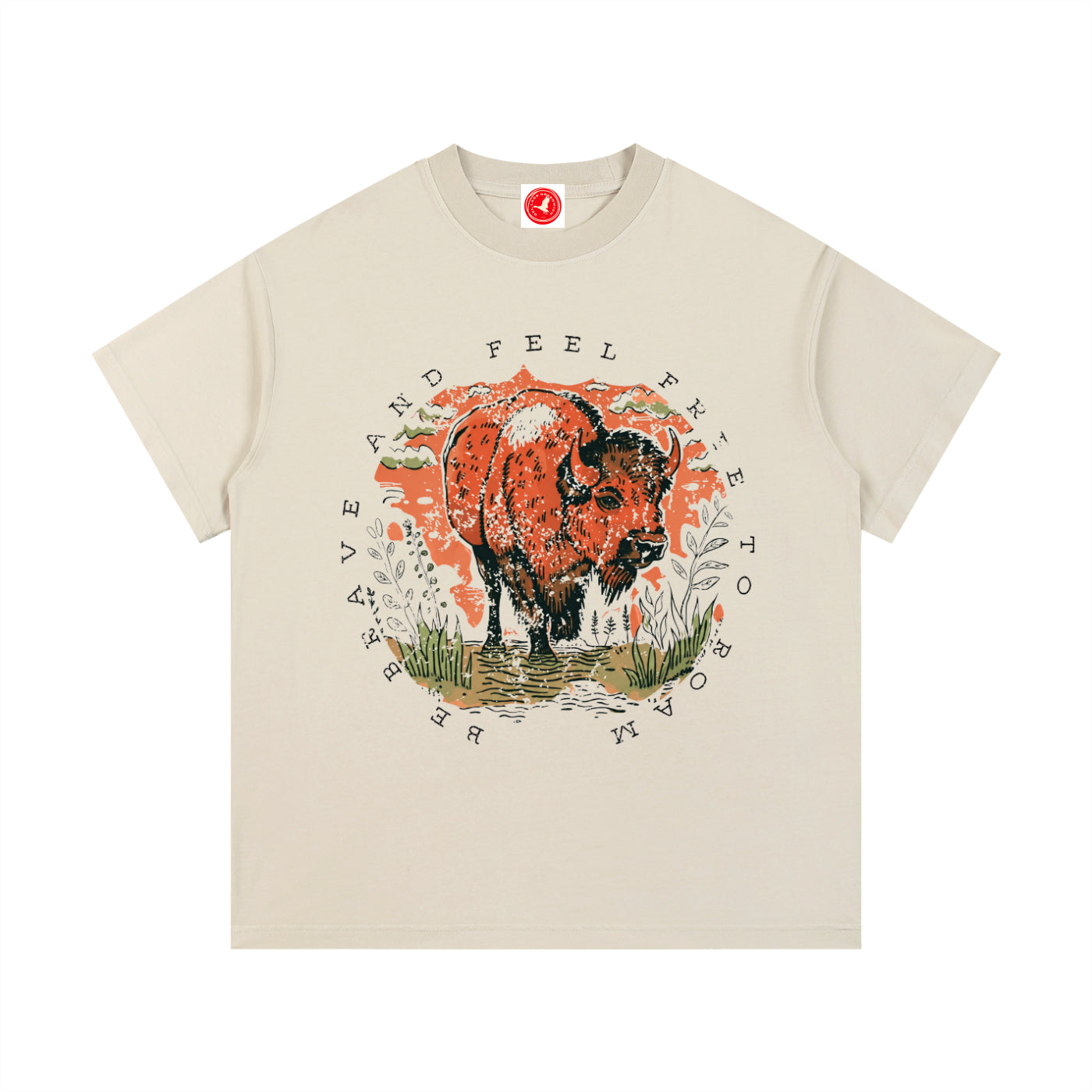 Beige Feel Free to Roam graphic t-shirt featuring buffalo artwork inspired by wildlife, exploration, and the American West.