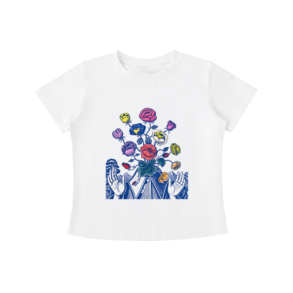 White Wild Bloom Hands graphic t-shirt featuring floral hand artwork inspired by nature, creativity, and botanical illustration.