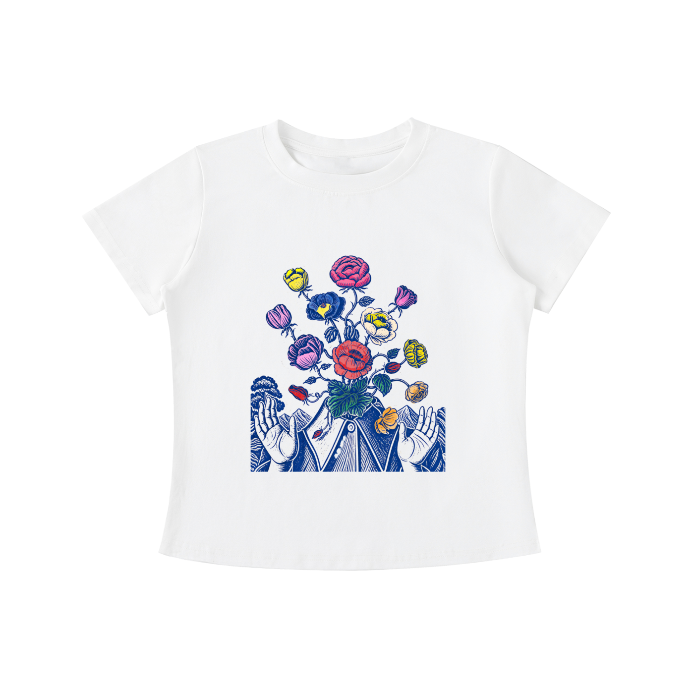 White Wild Bloom Hands graphic t-shirt featuring floral hand artwork inspired by nature, creativity, and botanical illustration.