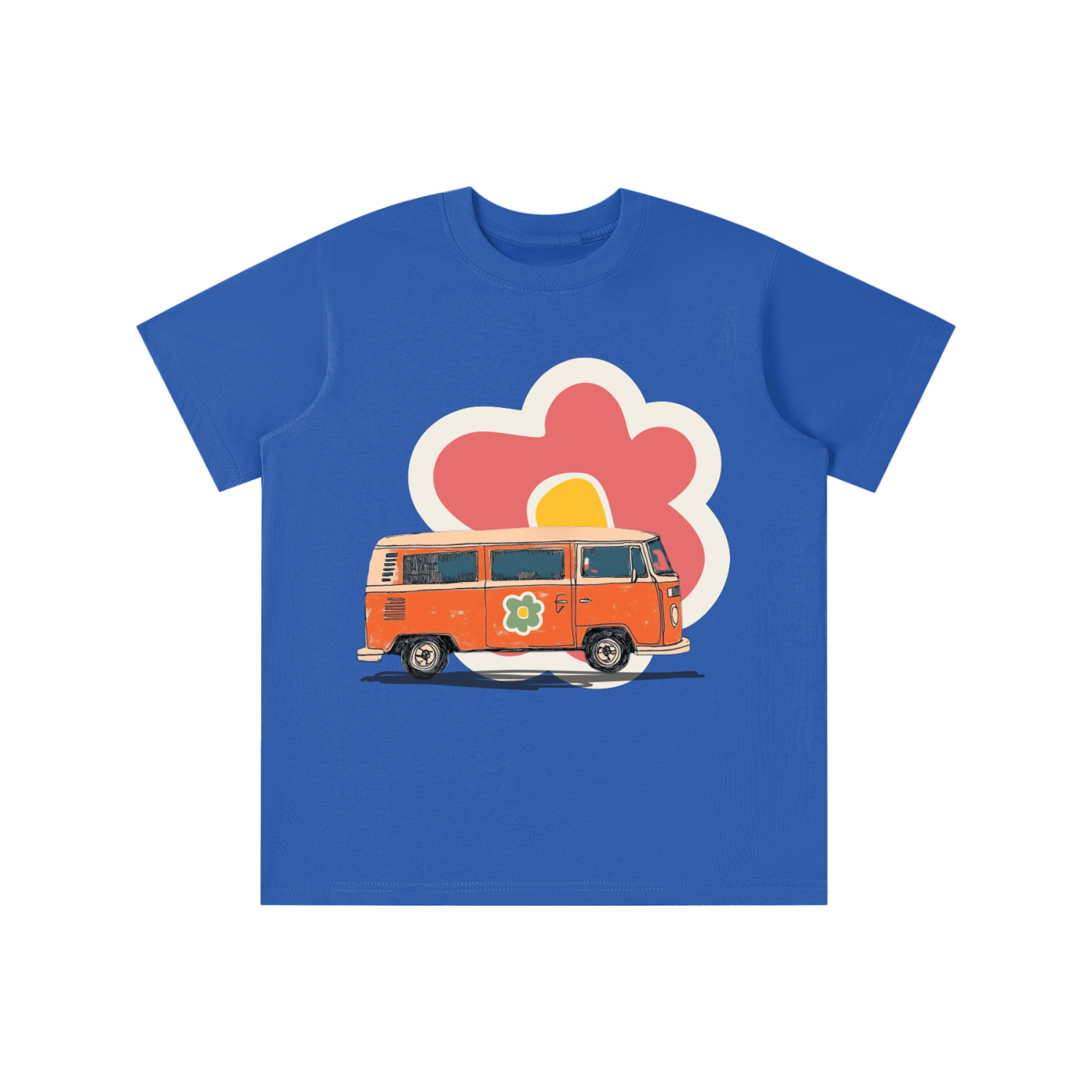 Retro Flower Van graphic t-shirt featuring vintage van and floral artwork inspired by road trips and retro culture.
