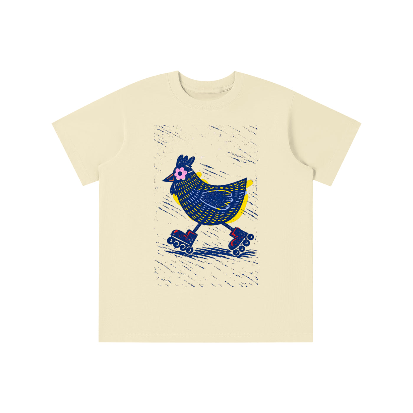 Roller Skating Chicken graphic t-shirt featuring whimsical chicken artwork inspired by vintage fun and playful illustration.