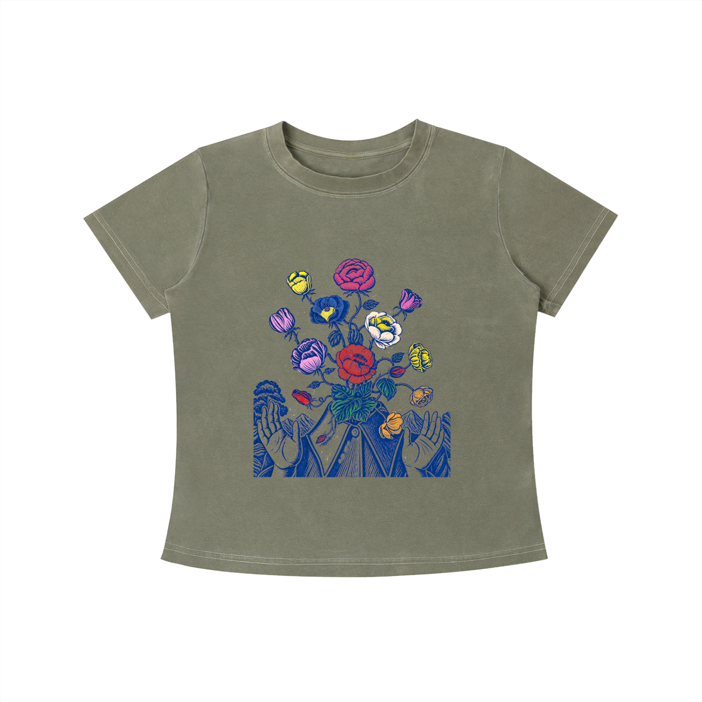 Green Wild Bloom Hands graphic t-shirt featuring floral hand artwork inspired by nature, creativity, and botanical illustration.