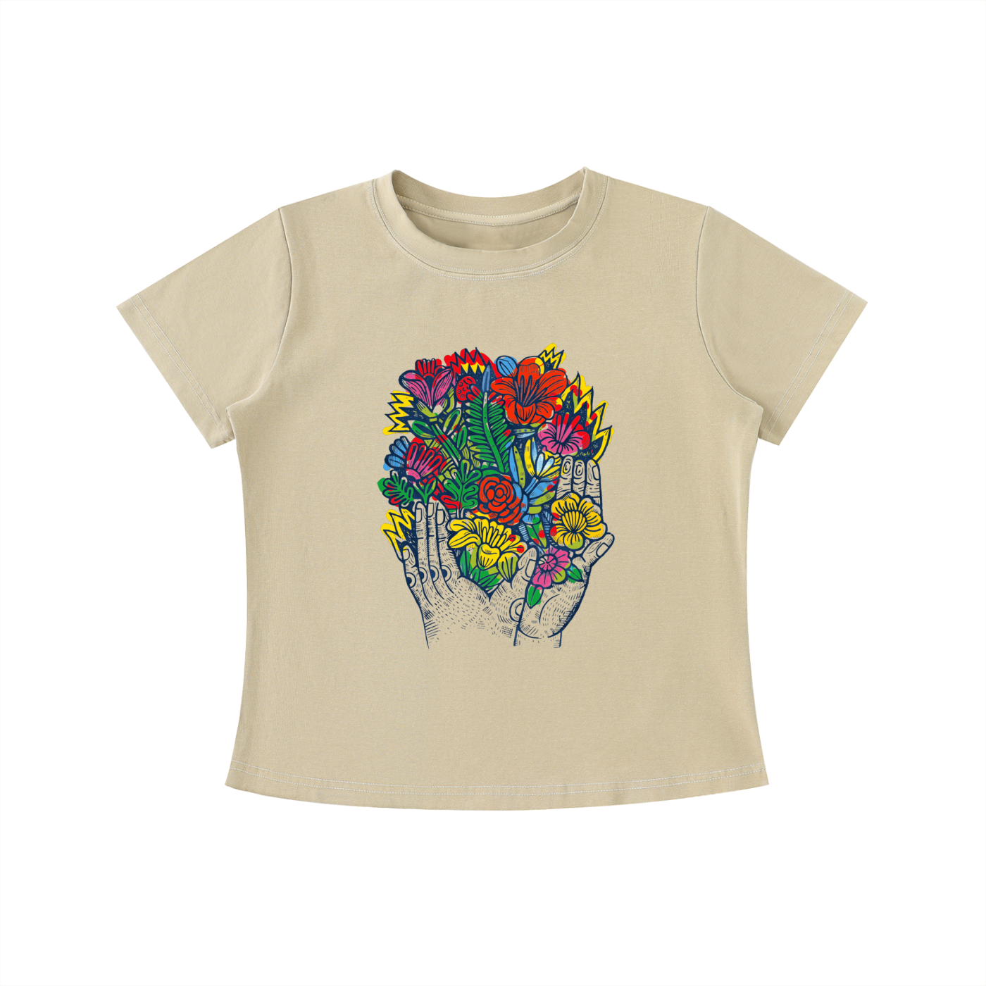 Beige Bloom in Hand graphic t-shirt featuring floral hand artwork inspired by nature, creativity, and botanical illustration.