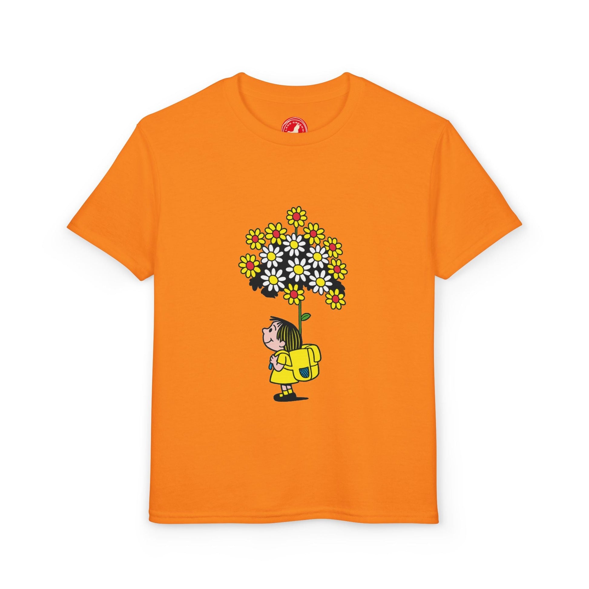 Little gardener flower backpack kids t-shirt with daisy bouquet illustration – Del Lago Greenwich