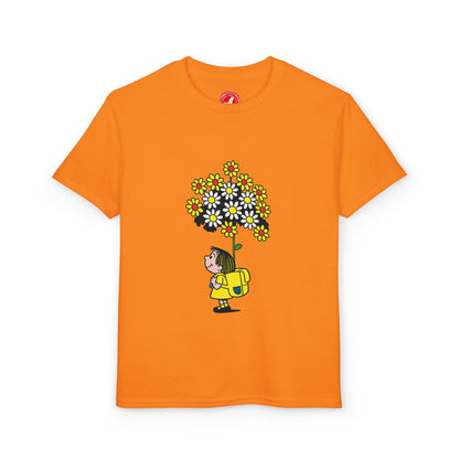 Little gardener flower backpack kids t-shirt with daisy bouquet illustration – Del Lago Greenwich