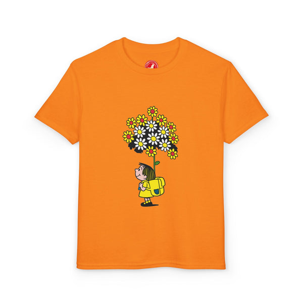 Little gardener flower backpack kids t-shirt with daisy bouquet illustration – Del Lago Greenwich
