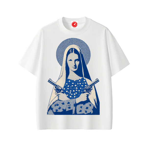 White Vintage-inspired graphic t-shirt featuring western artwork blending outlaw spirit with timeless Americana style.