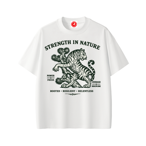 White Nature-inspired graphic t-shirt featuring outdoor artwork celebrating resilience, growth, and natural beauty.