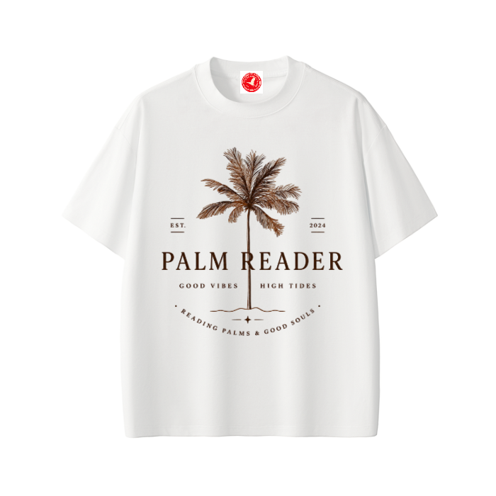 White Coastal graphic t-shirt featuring palm-themed artwork inspired by beach life, sunshine, and tropical escapes.