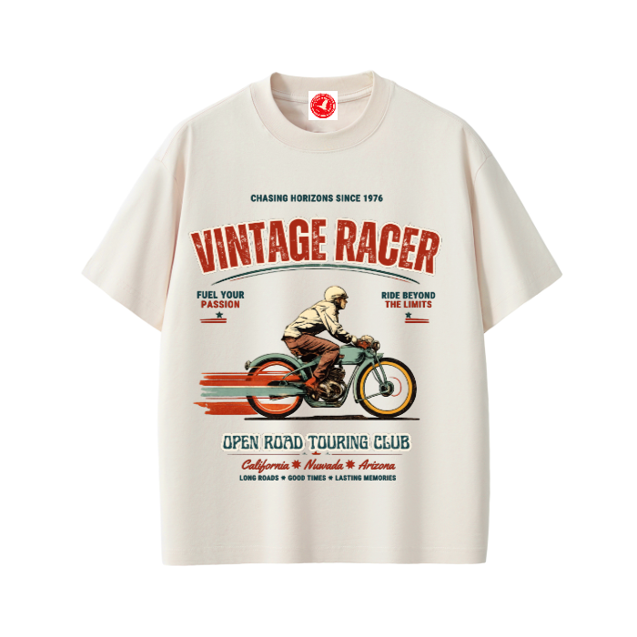 Beige Vintage racer graphic t-shirt featuring retro touring club artwork inspired by classic road trips and motorsport culture.