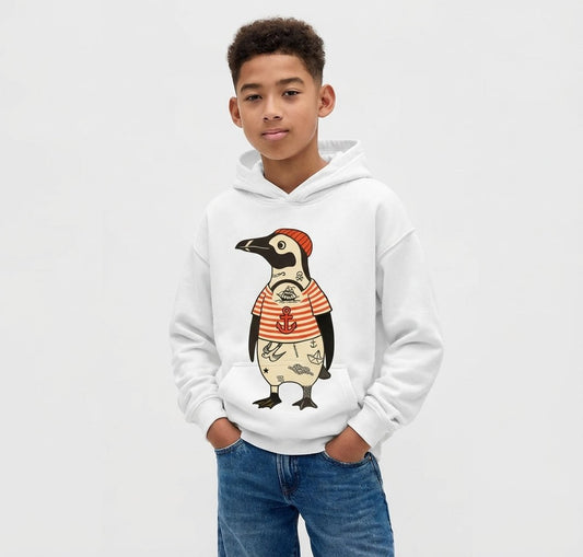 Nautical Tattoo Penguin Kids Hoodie | Cozy Nautical Graphic