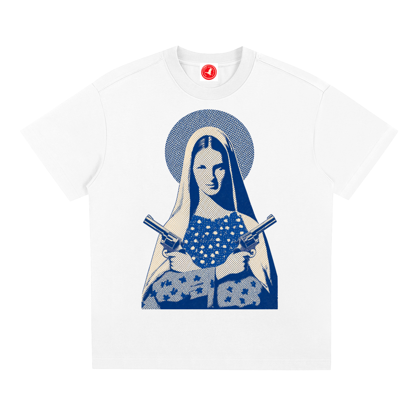 White Outlaw Saint Sorona® oversized drop-shoulder graphic tee with blue vintage-inspired artwork.