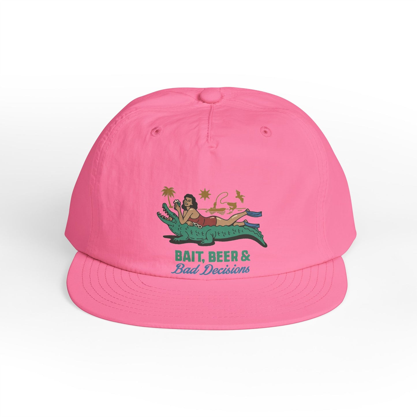 Pink surfer cap featuring a retro beach graphic with tropical artwork and vintage-inspired design.