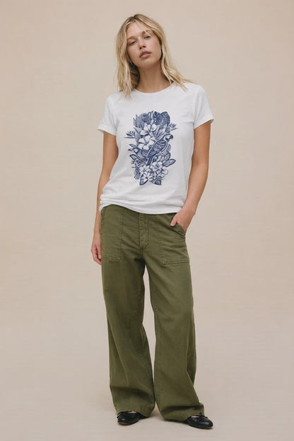 Blue Parrot Garden Tee – Botanical Illustration T-Shirt