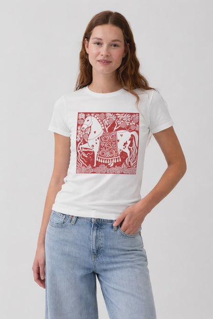 Folk Art Horse Women's Tee — Red Decorative Horse Print